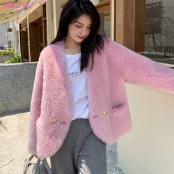 Real Fur Coats Women Winter Casual V-Neck Pocket Blue/Pink/White Lamb Wool Shearling Coat Short Slim Cardigan Sweater Jackets