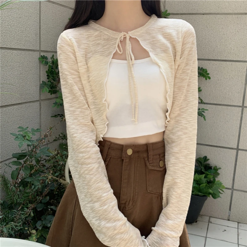 

Tie Front Cardigan Women Lightweight Knitted Tie-up Crop Tops Long Sleeve Shrug Beach Cover-up Spring Summer 2026 Boho Festival