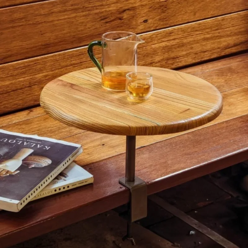 Nordic Outdoor Tables Portable Balcony Railing Clamp‑on Round Tabletop Wooden Terrace Table Minimalist Vintage Outdoor Furniture