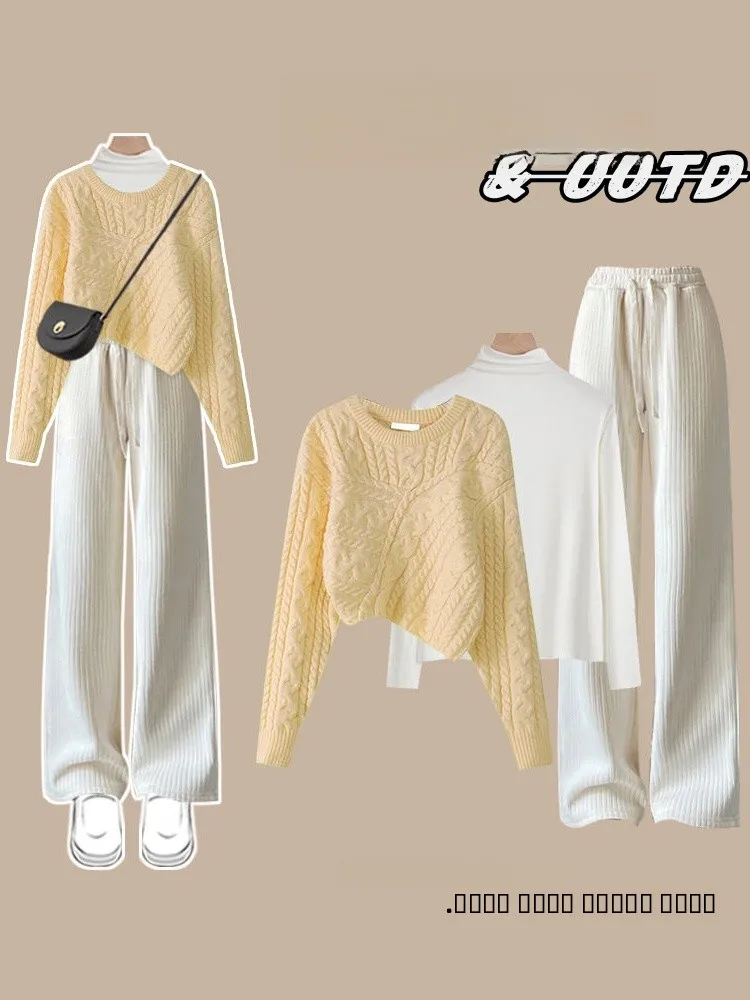 Women's Knitted Sweater Set Slim Fit Base Layer Casual Pants Tee Piece Set Autumn Faion Trendy Salt Series Clothing