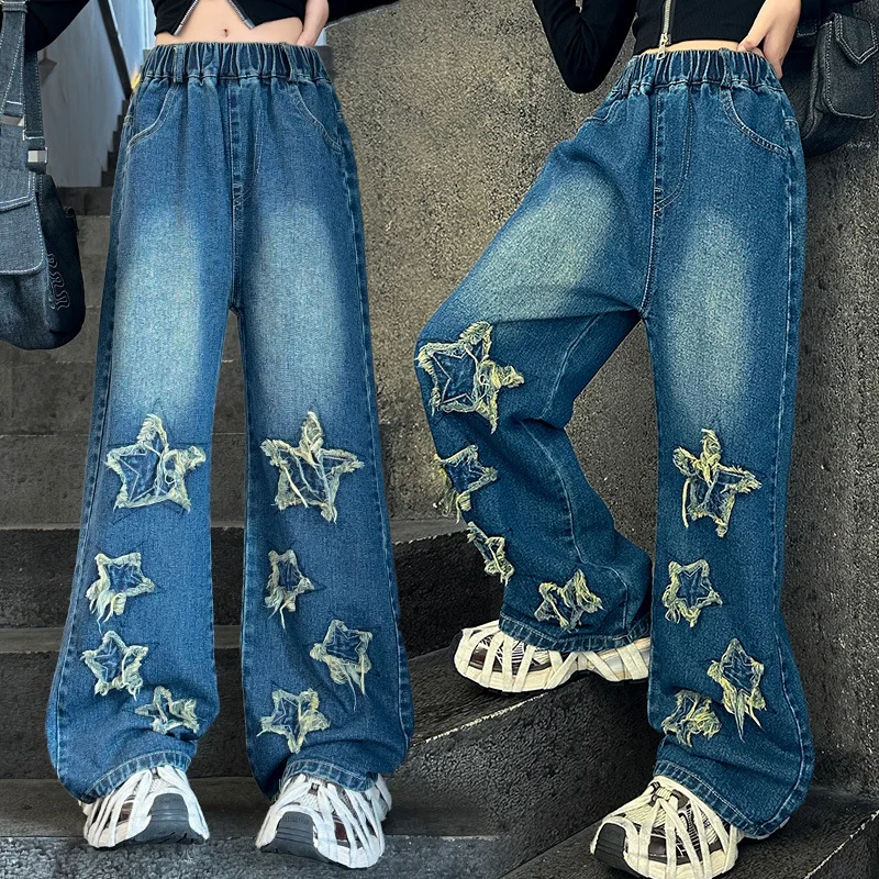 Girls' Jeans Spring/Autumn New Ripped Design with Five-Pointed Star Casual Loose Pants Tween Fashion Blue Girls' Trousers.