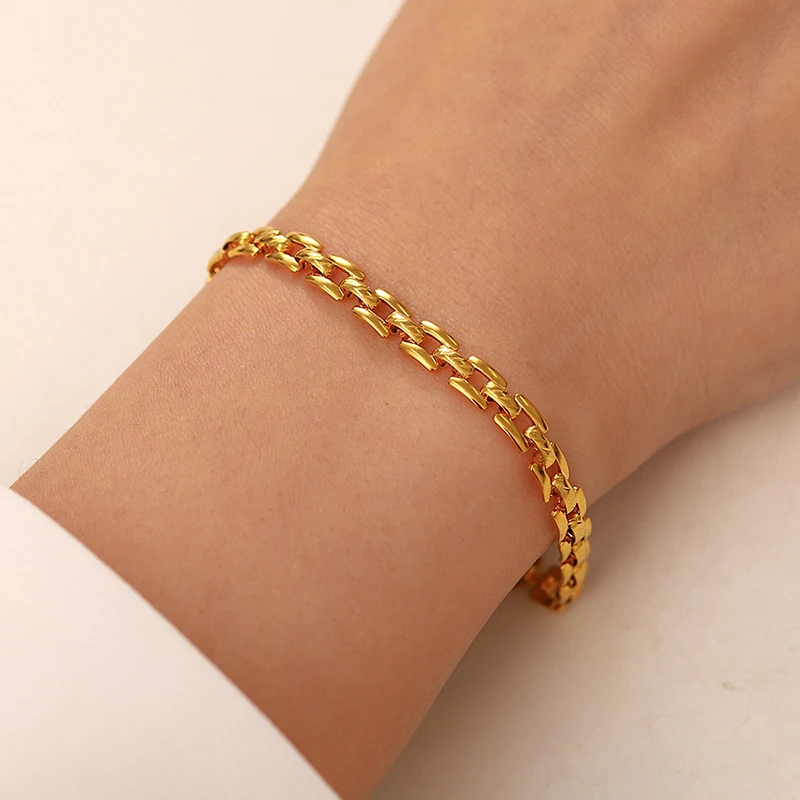 Pulsera de cadena de eslabones gruesos de acero inoxidable para mujer, chapada en oro, estilo reloj, impermeable, joyería.