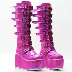 CA 11CM Wedges Heels Queen Dancing Shoes,Knee High Boots,Punk Rivets Buckles Long Botas,Black,Peach,Customized Colors,Big 46