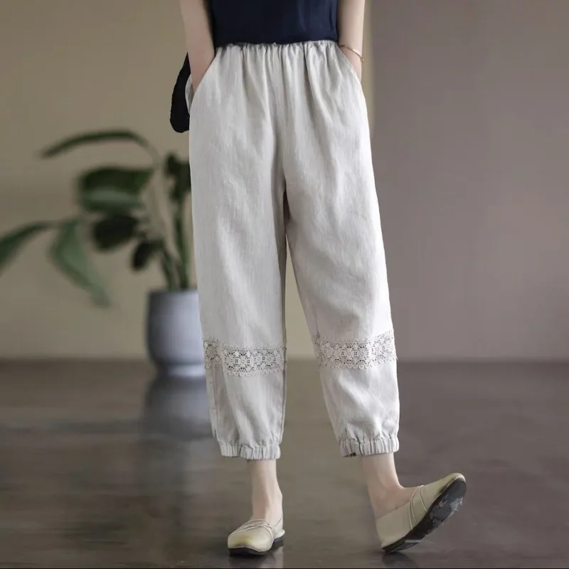 Pantalones Harlan de algodón y cáñamo para mujer, calzas informales versátiles de encaje de linterna de Color sólido con nueve aberturas, 2024