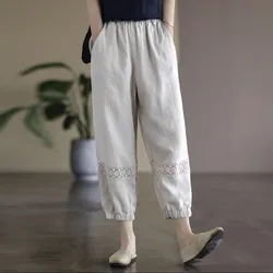 Summer Cotton and Hemp New Harlan Women's 2024 Spliced Nine Split Solid Color Lantern Lace Versatile Pure Cotton Casual Pants