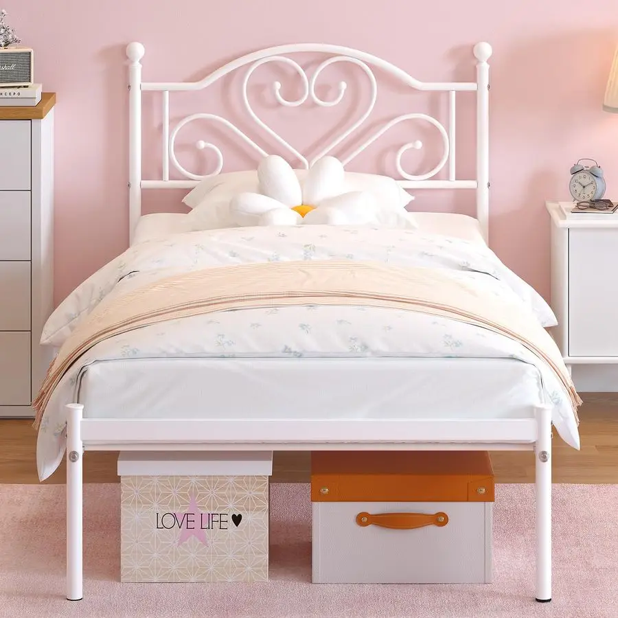 Twin Bed Frames with Headboard, Heavy Duty Metal Platform Under Bed Storage Space Easy Assembly for Kids Girls Adults White