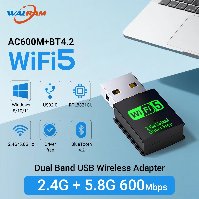

WALRAM WiFi 5 USB 2.0 Беспроводной ключ 600 Мбит/с 802.11ac двухдиапазонный драйвер сетевой карты 2,4 ГГц 5 ГГц Бесплатный ПК для ноутбука Win 10/11