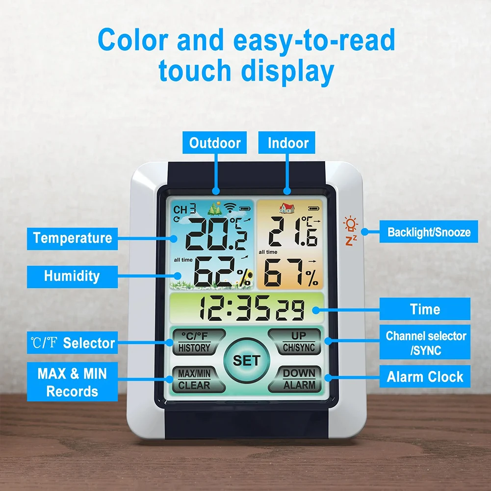 new 1 Set Indoor and Outdoor Wireless Temperature and Humidity Meter Color Large Screen Weather Clock LCD Touch Screen Display