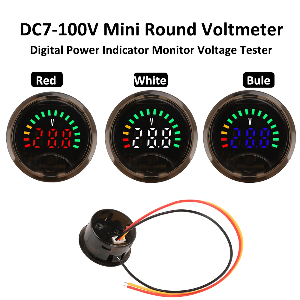 3318 DC7-100V Mini Round Voltmeter High Precision 2-Wire Circular Digital Power Indicator Monitor Voltage Tester for Car Boat