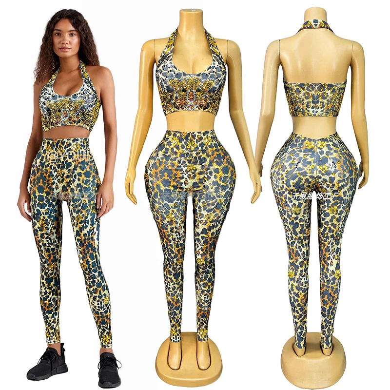 

Sparkly Rhinestone Top Leopard Print Pants Set Singer Performance Outfit Catwalk Show Stage Costume Nightclub Ds Dancewear 3875