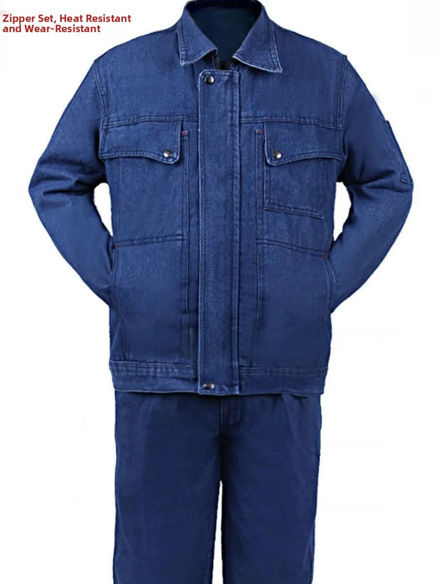 

Мужской джинсовый рабочий комплект из хлопка с большими карманами, устойчивый к ожогам, износостойкий, защитный рабочий костюм для токарных работ