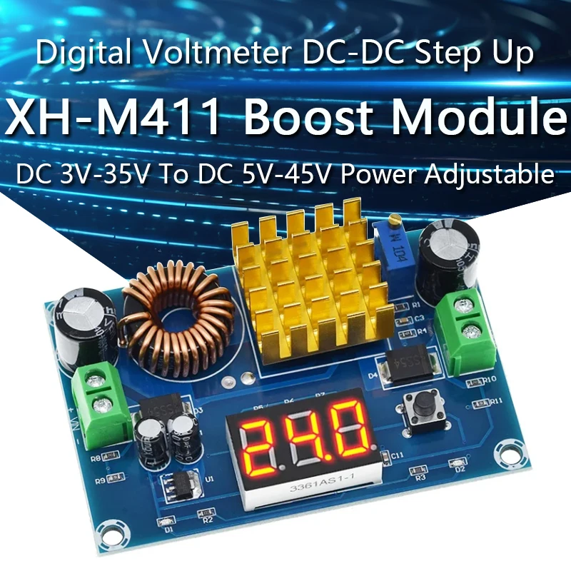 

XH-M411 DC 3V-35V To DC 5V-45V Boost Module Digital Voltmeter DC-DC Step Up Module Boost Converter Board 5A Power Adjustable