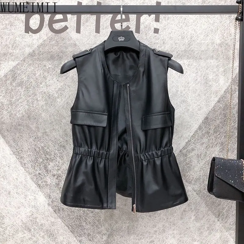 2025 Spring and Autumn New Simulation Leather Vest Women's Short  Sheepskin Vest Wear Fashion Sleeveless Outside