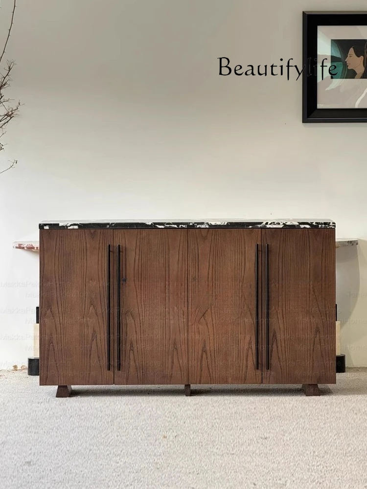 

Medieval retro marble solid wood dining side cabinet villa modern light luxury high-end storage cabinet