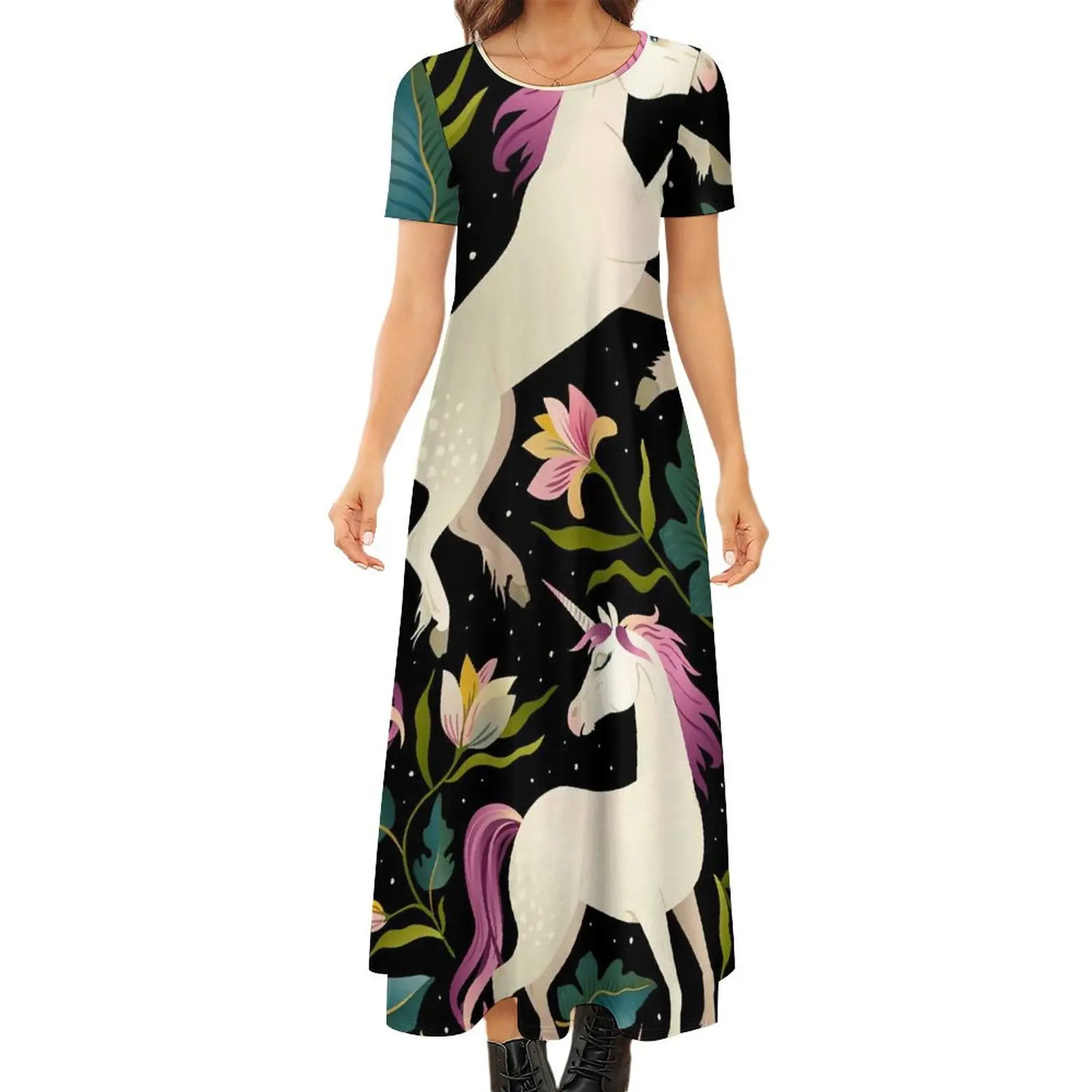 Vestido de unicornio de dibujos animados con estampado de flores, vestido Maxi moderno para mujer, vestidos largos bohemios estéticos de manga corta para playa, talla grande 6XL 7XL