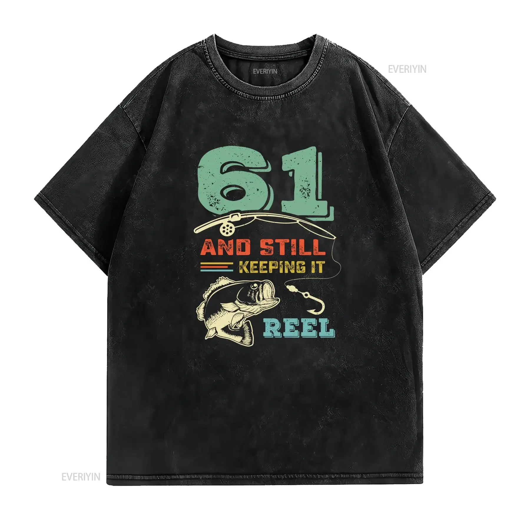 61st Birthday Fishing T Shirt Turning 61 Bass Fishermen Retro vintage Washed Casual Breathable Comfortable homme Unisex