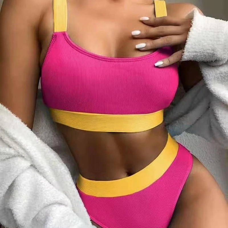 High Waist Bikini Women's Swimwear 2022 New Swimwear Rib Bikini Sexy Colorblock Bikini Sets High Waist Swimsuit Women