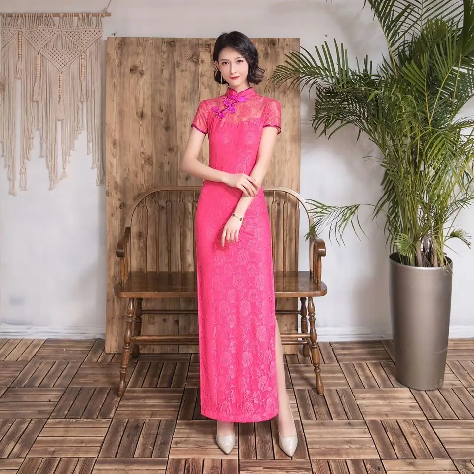 فستان عتيق مثير بأكمام قصيرة من الدانتيل الأصفر من Cheongsam ازياء زفاف أنيقة من Qipao S إلى 5XL باللون الأحمر الوردي