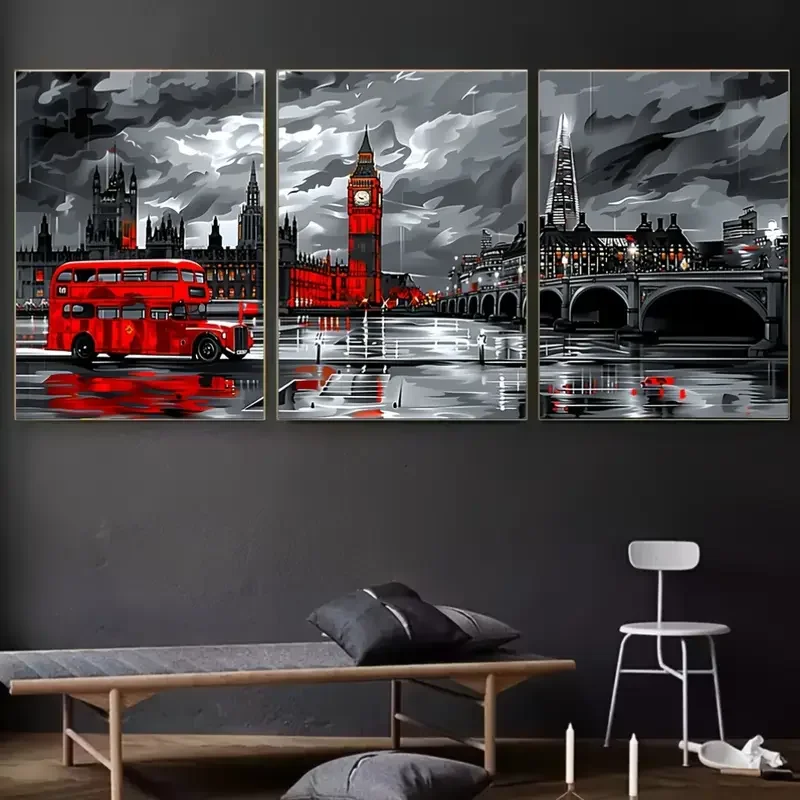 مجموعة فنية جدارية من القماش من Vintage City - 3 قطع ديكور مستطيل بدون إطار يتميز بعلامات لندن المميزة والحافلات الحمراء وجسر البرج #2