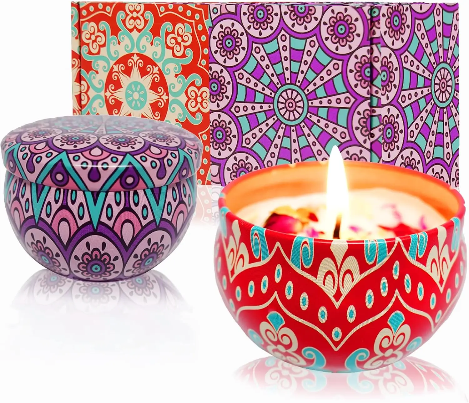 Ethnic Pattern Scented Candle in Tin, Decorative & Aromatherapy, Provides 30-40H Soft Glow, for Mood, Light & Freshening