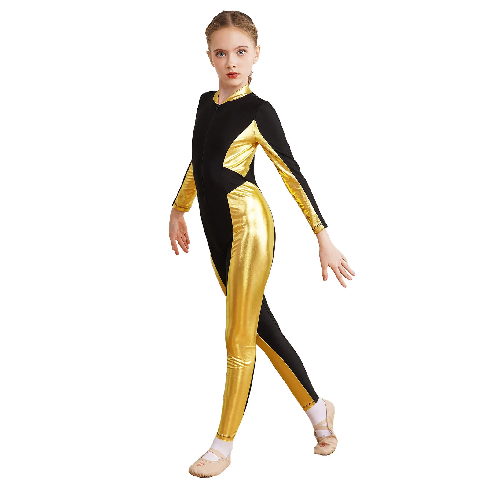 Kids Girls Gymnastics Jumpsuit Bronzing Contrast Long Sleeve Ballet Dance Figure Skating Acrobatics Leotard Bodysuit Dancewear