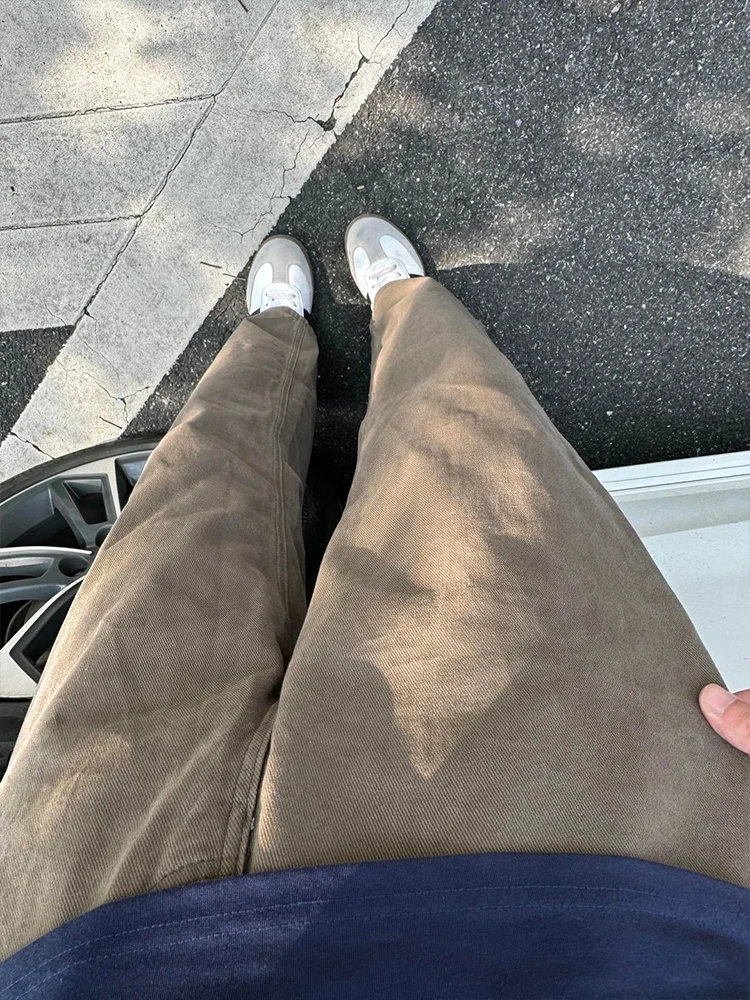 

Мужские летние джинсы из плотного денима в стиле ретро, коричневые, с эффектом потертости, свободного кроя, премиум-класса, в американском деконструированном стиле, с широкими штанинами, для студентов