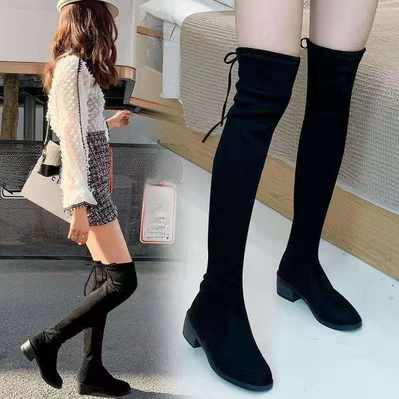 over the Knee Boots Women 2023 New Autumn and Winter Black Suede Boots  Long Boots Fleece-lined Thin Boots Thick High Heel B... 