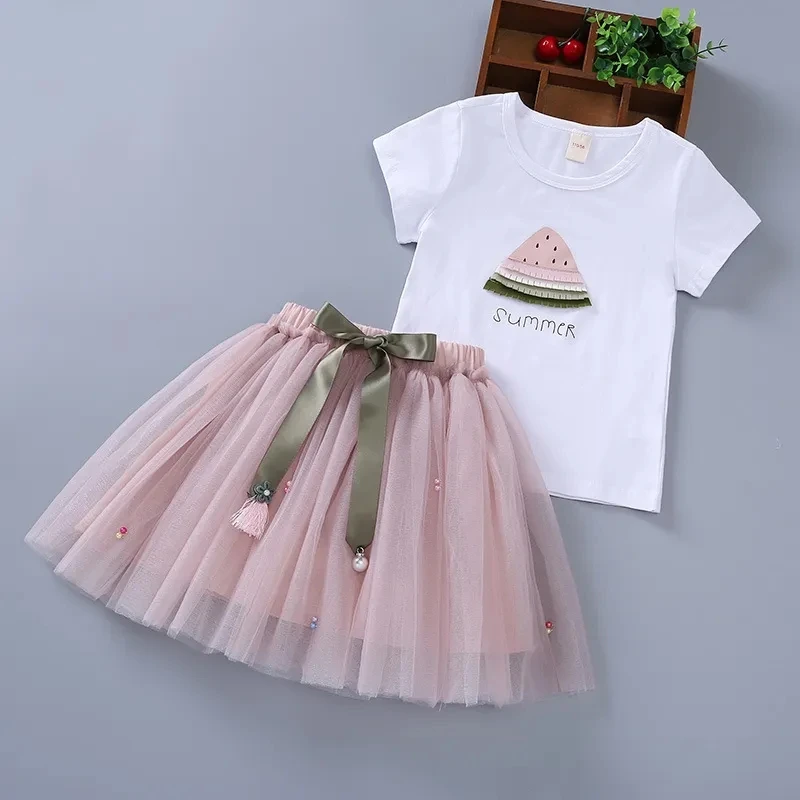 

Summer Girls Clothing Set Short-sleeved Summer Dresses for Girls Sweet Shirts Lace Tutu Skirts Two-piece Sets Kids Girls Clothes