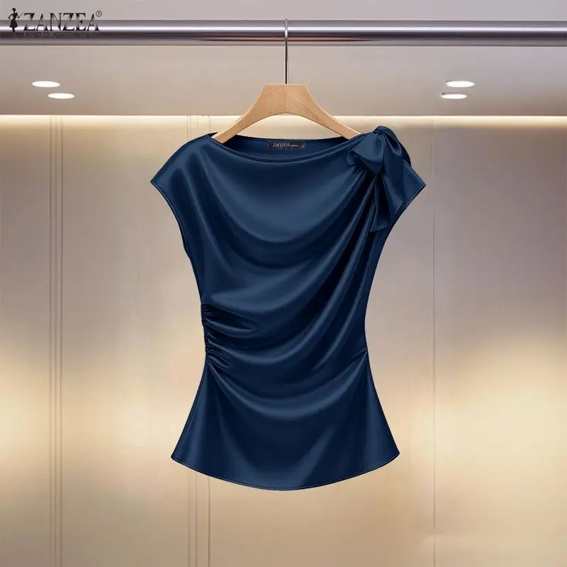 ZANZEA Summer Office Lady Tunic Blouses Elegant Women Satin Blouse Short Sleeve Slim Fit Tops Stylish Solid Pleated Blusas Mujer