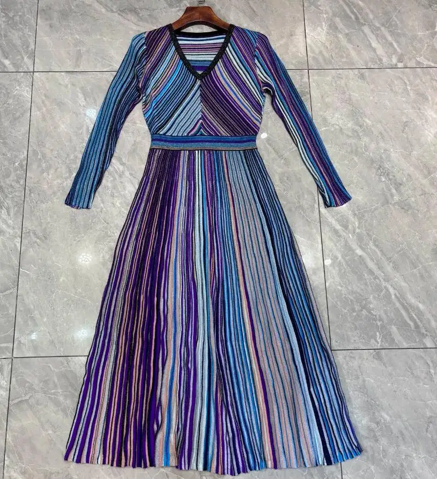 8.28 GuliChic Women Temperament V-Neck Colorful Striped Bright silk Design Collect Waist Slim Split Pleated Knit Dress