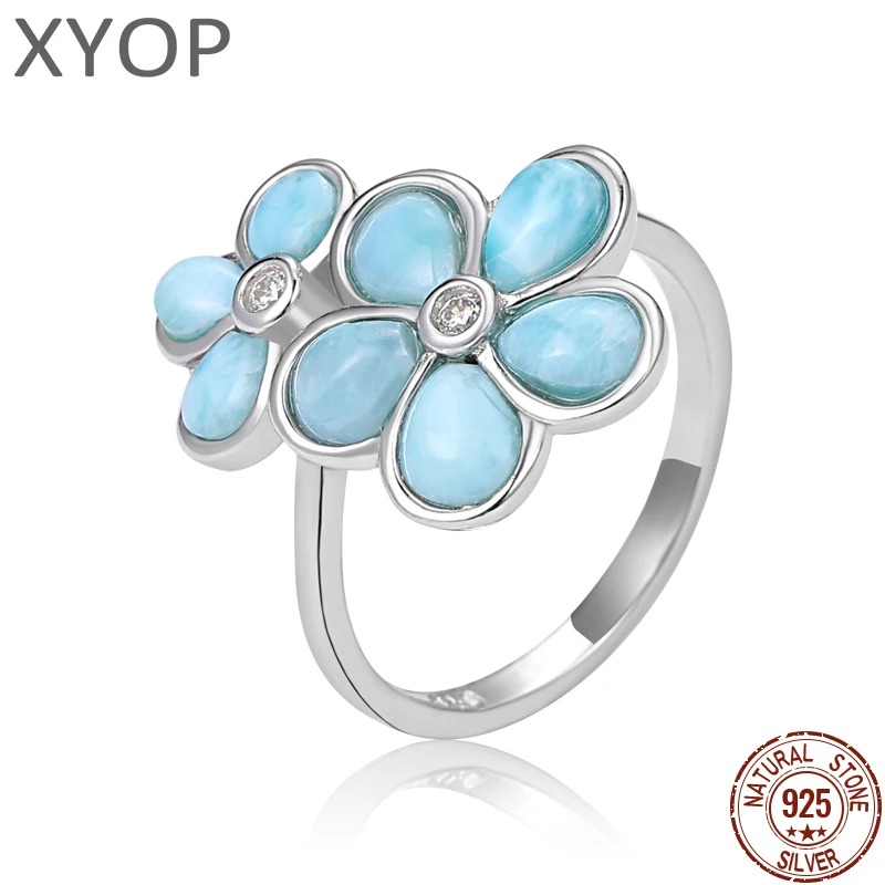 XYOP 925 Silver Gift Natural Blue Larimar Niche Flower Ring White Zircon, Versatile Fine Absorption Cost-Effective Daily Commute