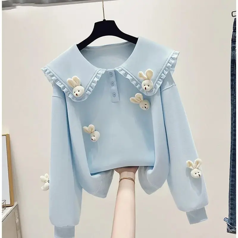 

Cartoon Rabbit Doll Collar Hoodie Women's Solid Color Ruffle Long Sleeve Hoodie Spring Autumn New Sweet Gentle Style Loose Top