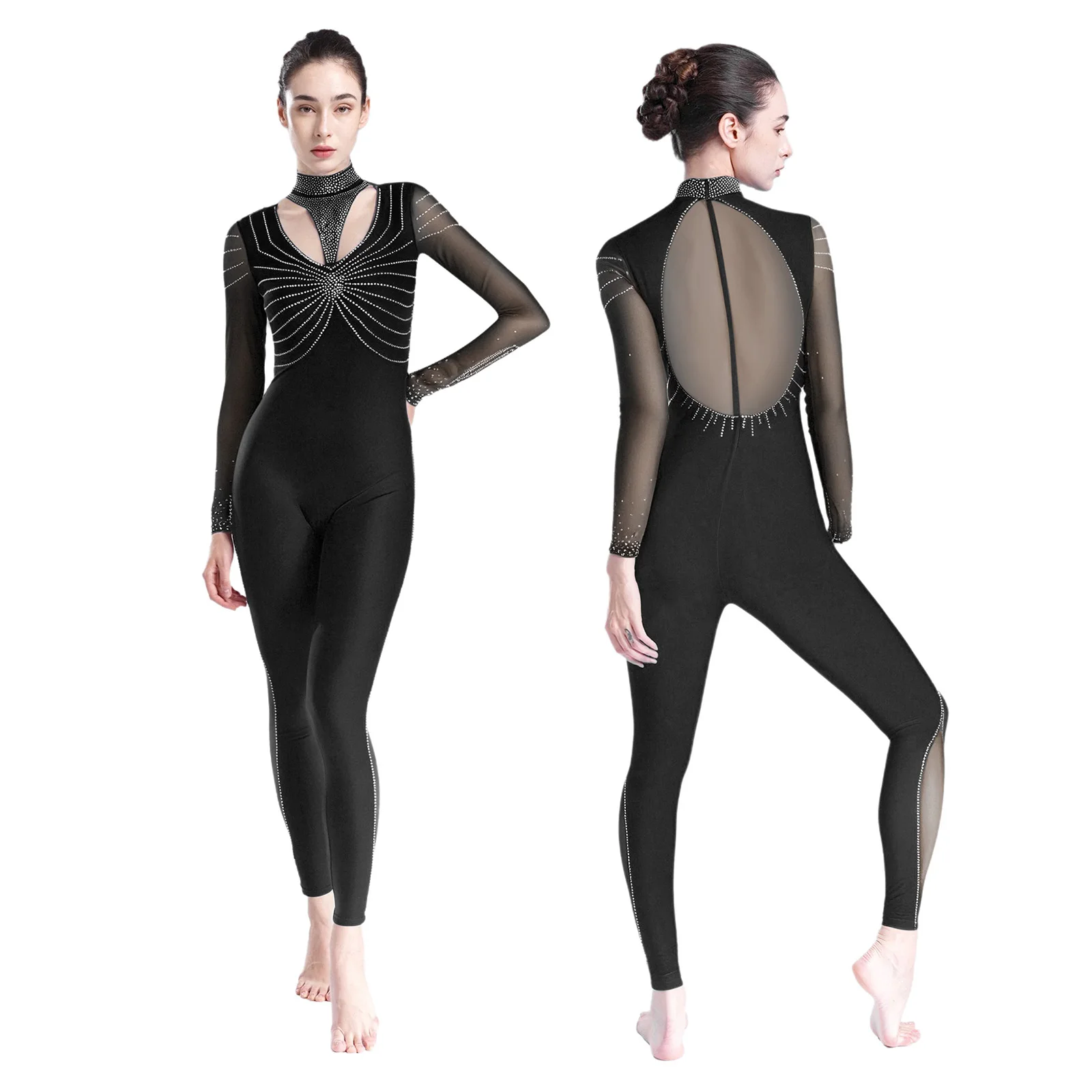 

Womens Shiny Rhinestones Gymnastics Leotard Ballet Dance Figure Skating Acrobatics Yoga Jumpsuit Long Sleeve Zipper Unitards