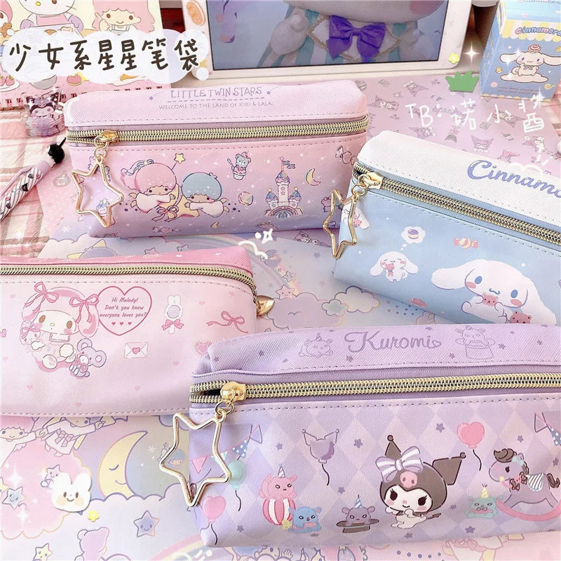 Sanrio Kawaii Double Zip Lápis Bag, Kuromi Melody Cinnamoroll, Papelaria para Estudantes da Escola, Saco De Armazenamento para Meninas, Presente