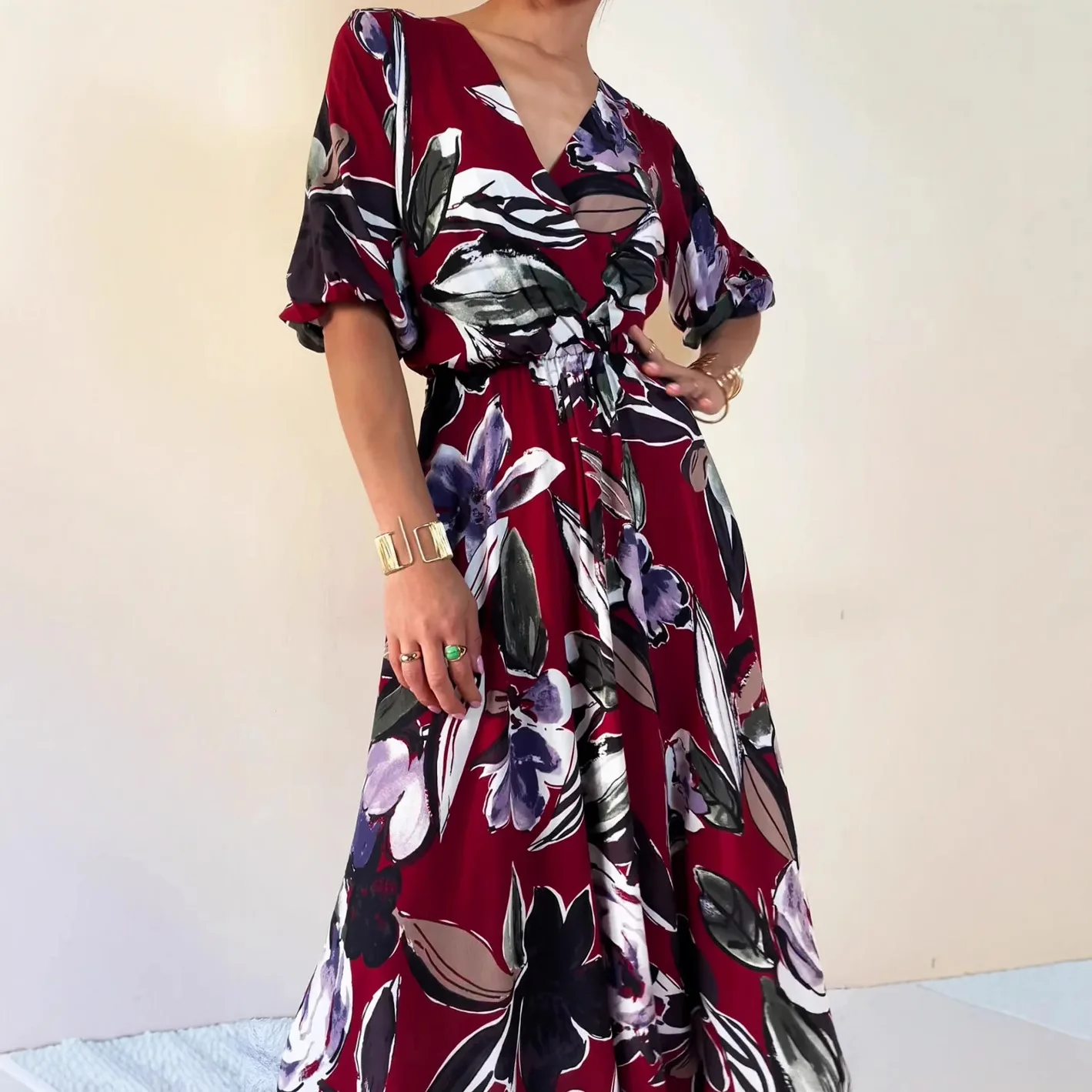 

Лето 2021, женское платье, темпераментное платье со средним рукавом и v-образным вырезом с принтом, длинная юбка, удобное повседневное платье