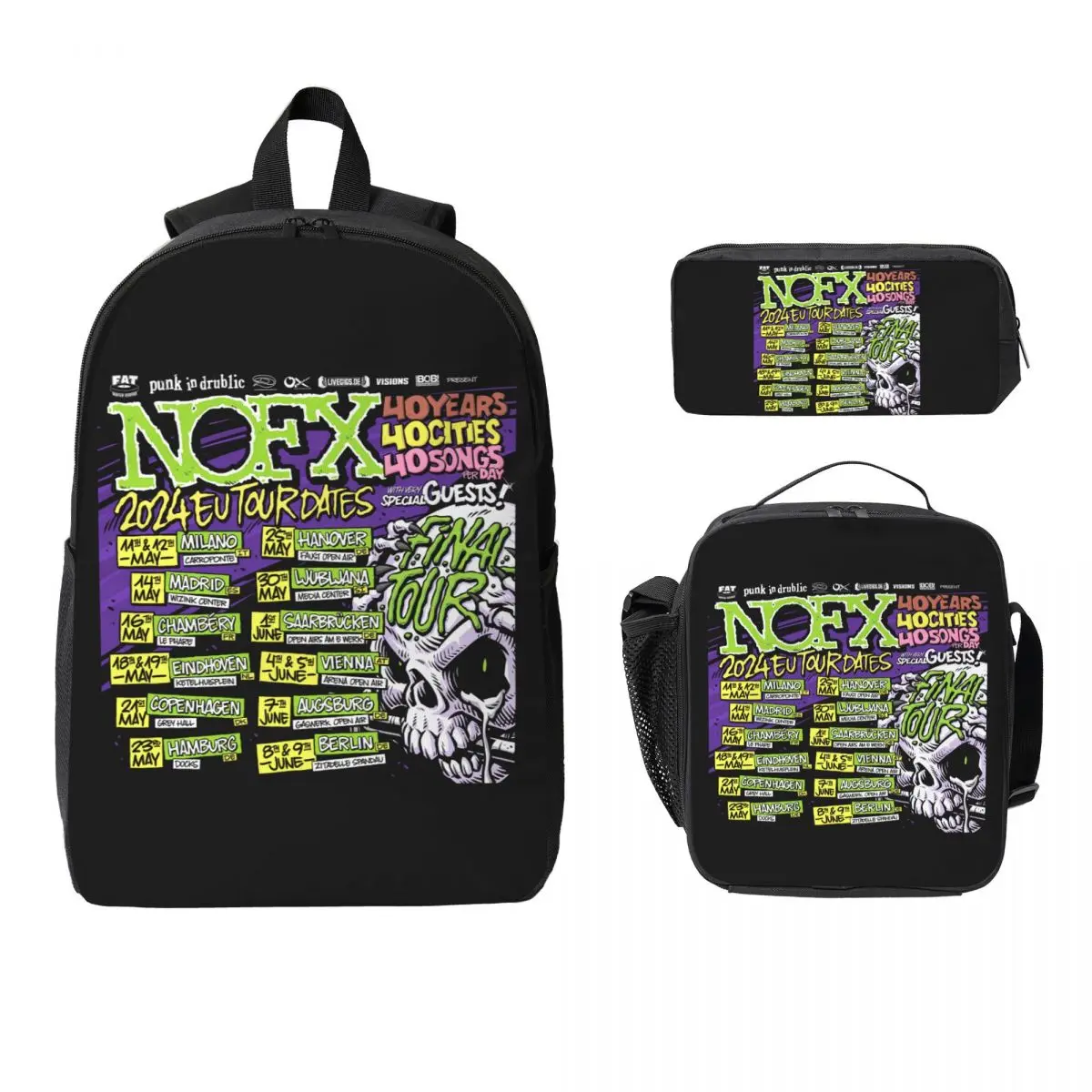 

Nofx Band Final Tour Skull Backpack Boys Girls BookBag School Bag Computer Shoulder Bags 3ps Insulated Lunch Bag Pencil Case