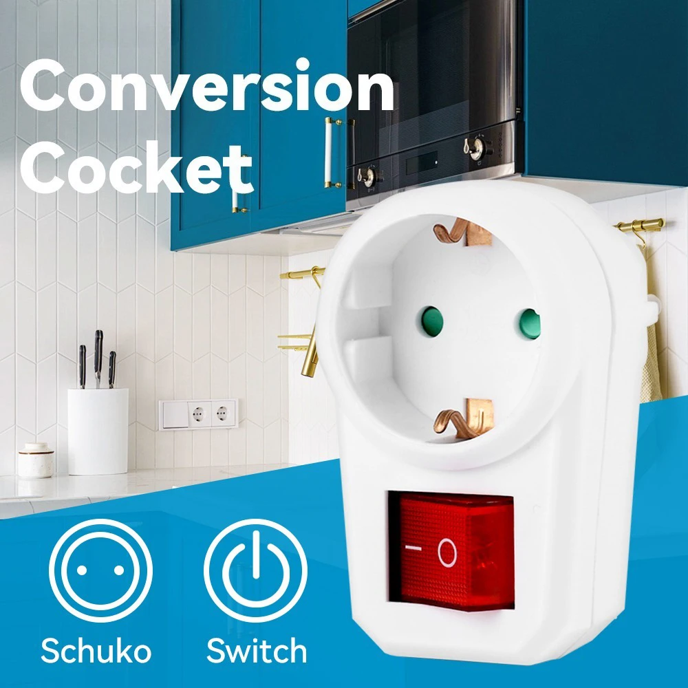EU Socket Power Adapter with Switch German Standard Plug 250V 16A Wall Socket Extension Electrical Outlet for Home Travel