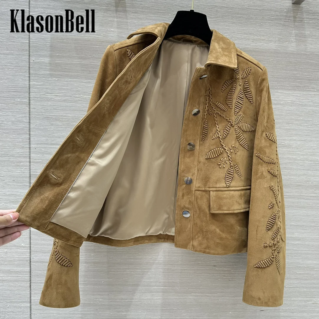 9.9 KlasonBell Women Three-dimensional Hand Embroidery Sweet Girl Coat 100% Suede Sheepskin Single Breasted Short Jacket