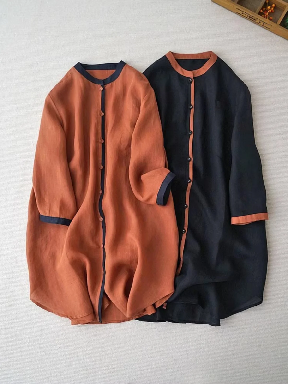 Retro Kontrastfarbe Leinen Seven Sve irt Jaet Damen Frühfrühling Lose Lässige Mittellange Baumwollleinen Sonnenschutz Top