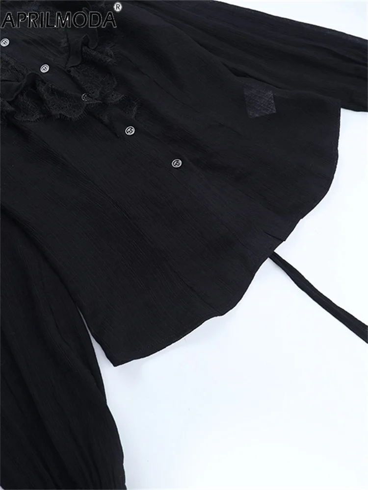 2025 Halloween Nero Pizzo Manica Lunga Donna Casual Dolce Camicetta Lolita Vintage Gotico Jacquard Elegante Office Lady Y2k Top