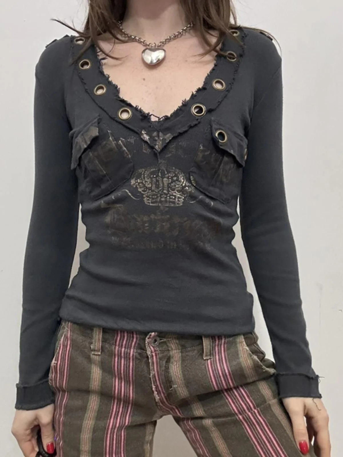 

Оригинальная женская футболка Deep ey V-Ne Long Sve, весенне-осенний топ для похудения в американском стиле ретро, модный хлопковый топ...