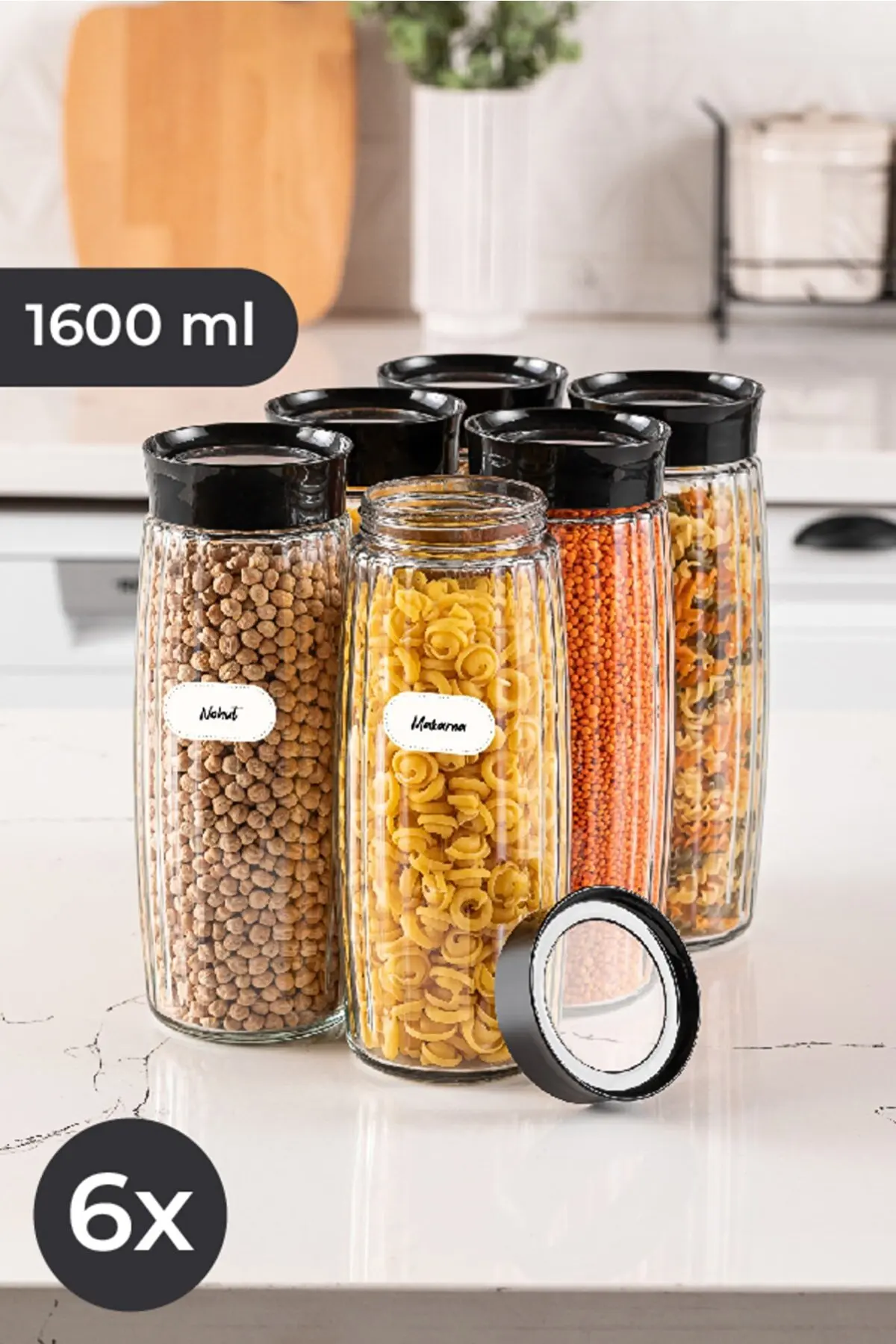 6-Line Striped Textured Glass Jar Supply Container with Label 1600 ml Black Lid Organizer Organizer