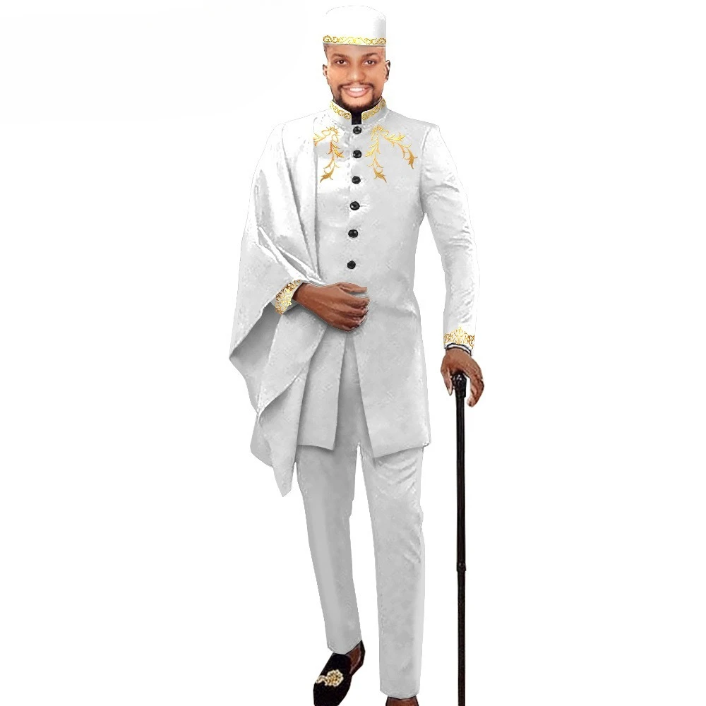 

Новый модный африканский этнический мужской костюм с вышивкой, комплект из трех предметов. Мужской костюм для нового жениха на свадьбу. Мужская одежда