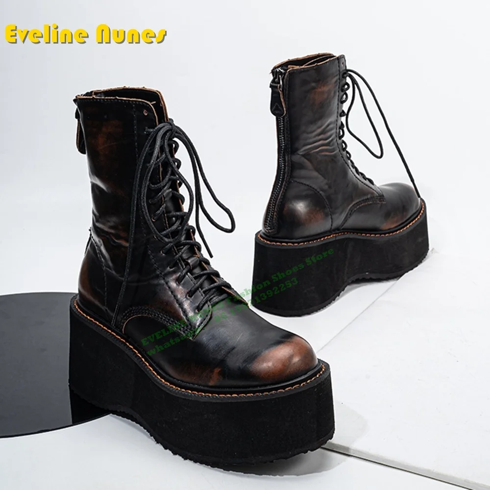 

Platform Cross Tied Retro Motorcycle Boots Spicy Girl Round Toe Height Creasing Back Zipper Mixed Colors Women Mid-Calf Boots