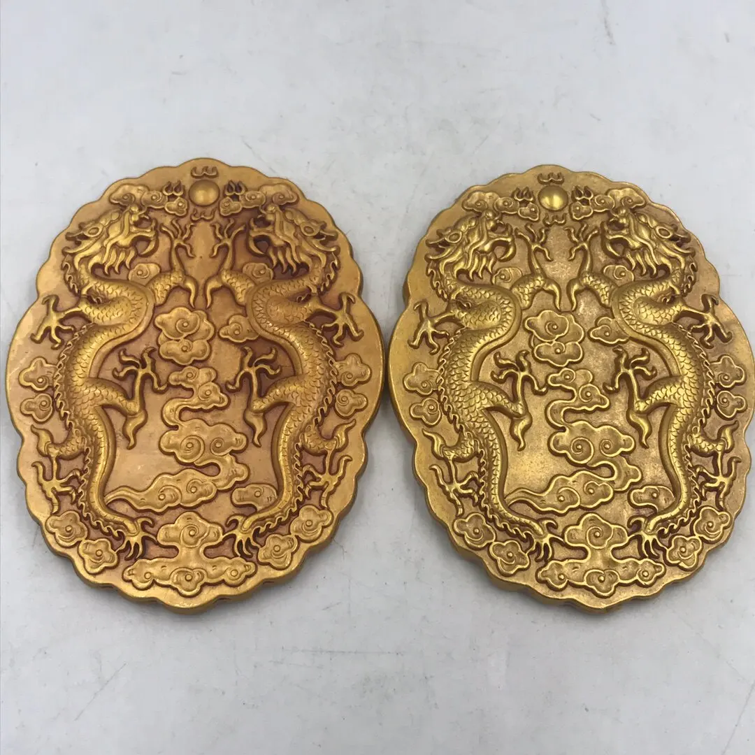 Vintage Antique Imperial Decree Token Military Tiger Tally Gold Seal Statue Gilt Pair