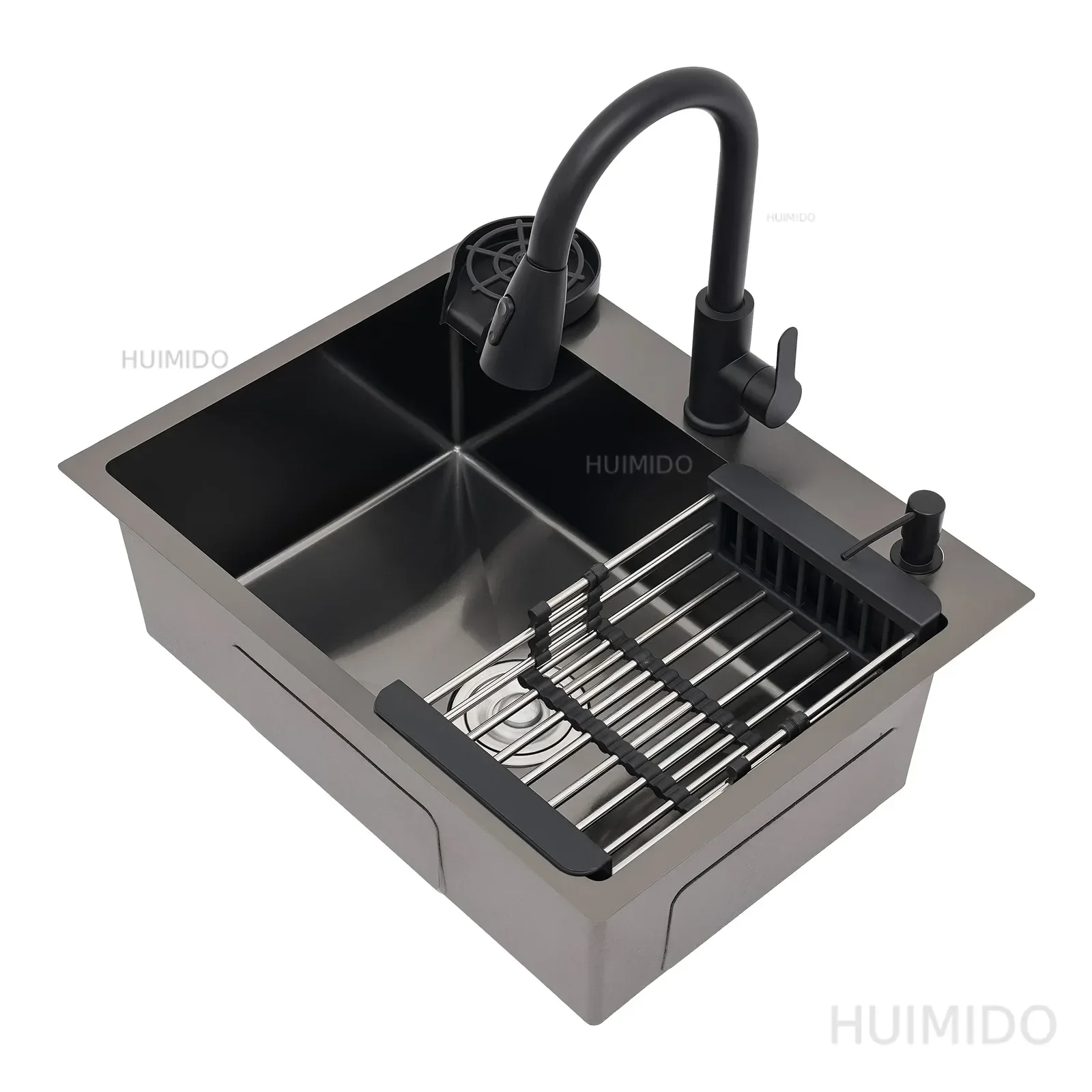 60x45cm Stainless Steel Black Kitchen Sink Set, Pull-Out Faucet, Single Bowl Bar Sink Package, Workstation Sink for Homes,