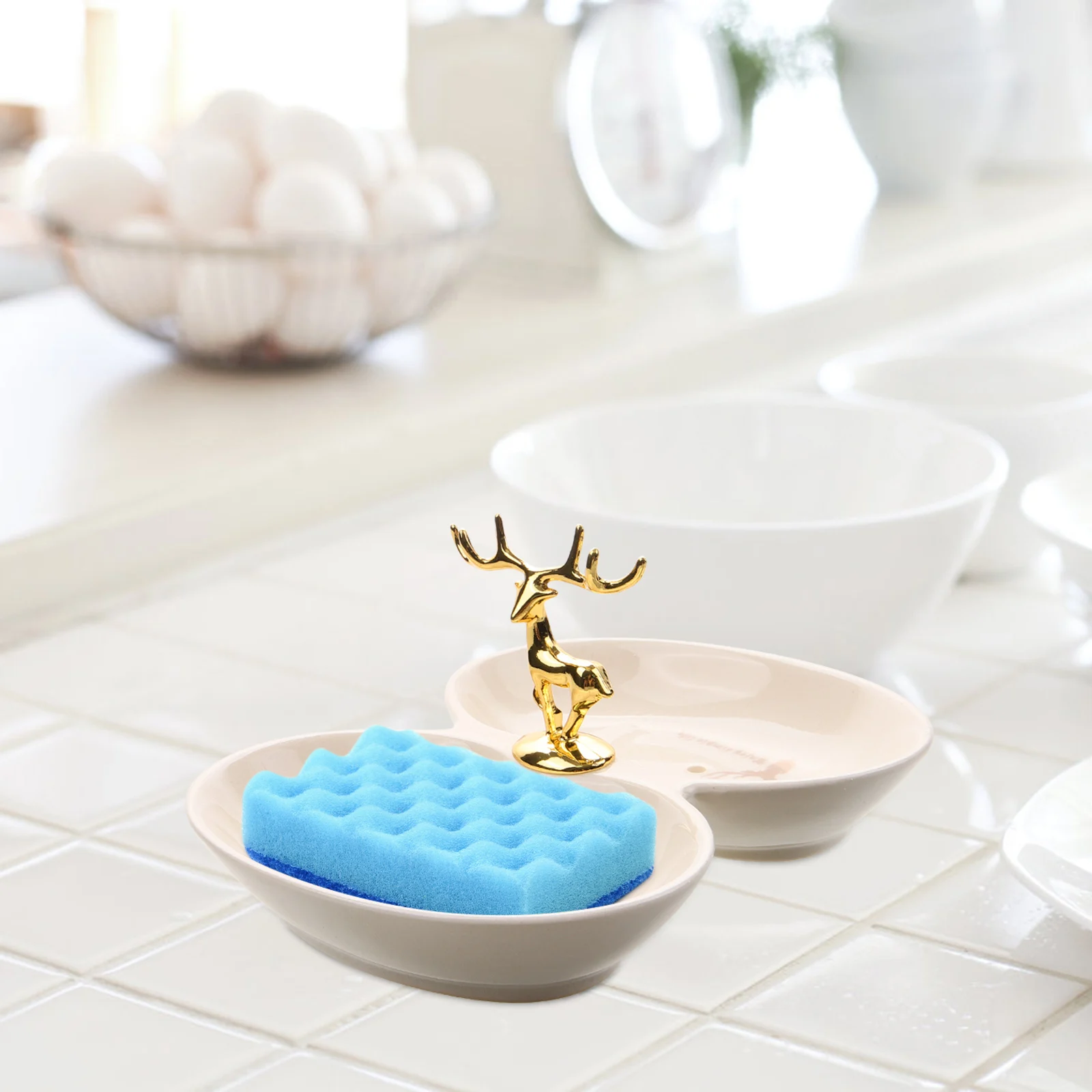 

Ceramic Soap Holder with Two Slots for Bathroom Sink Shower Tub Kitchen Countertop Non-Slip Decorative Soap Container