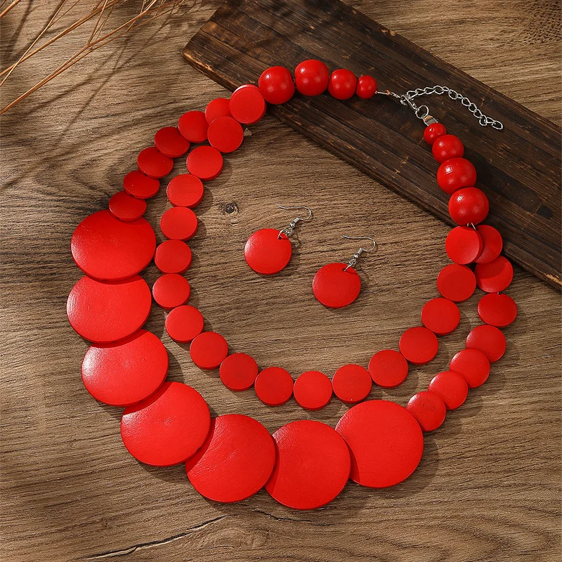 1set Vintage Two Layer Wood Necklace African Wedding Party Dress Wooden Beads Necklace Earring Jewelry Sets For Women Gifts