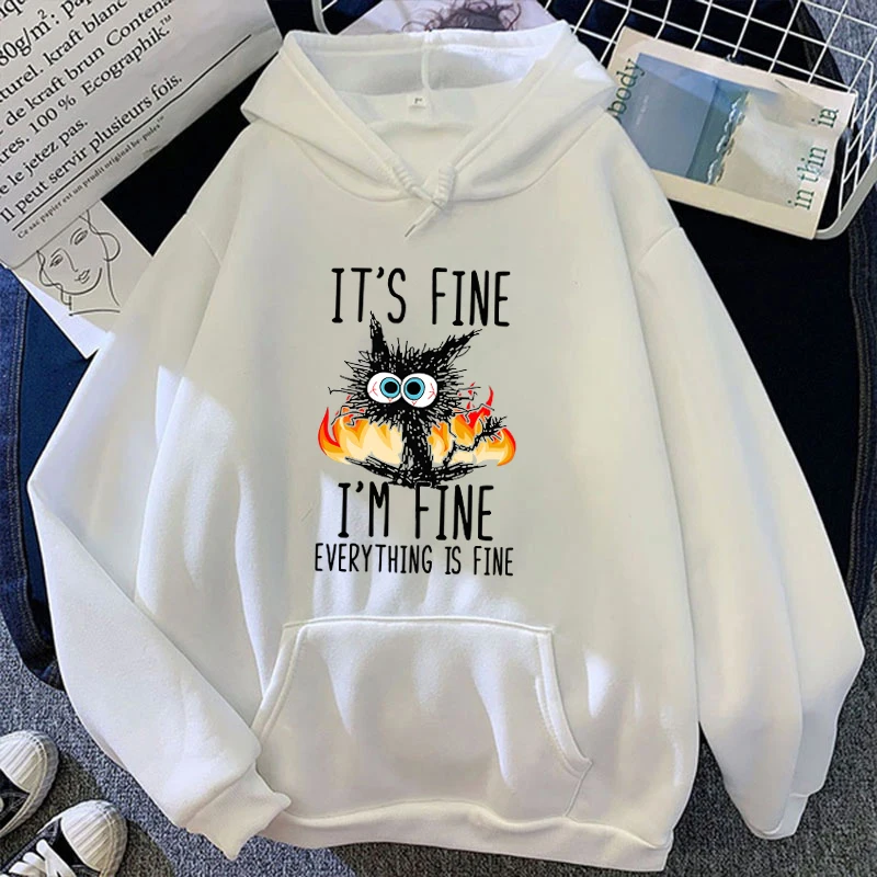 2025 Plus Size Cat Its Fine Im Fine Everything Is Fine Printed Women Hoodies Autumn Winter Hoodie Pullover Hooded