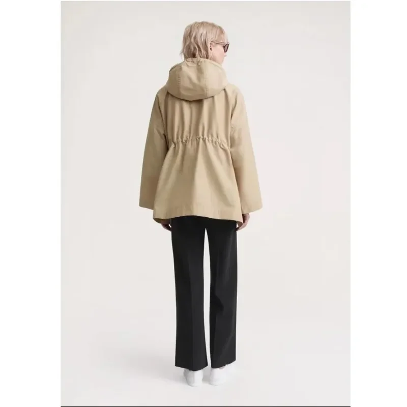 TT-Minimalist Beige Hooded Jacket, Drawstring Waist, Tucked Parka, Short Trench Coat, Autumn